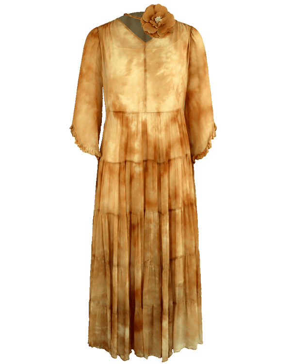 WLIEKAE Womenswear Tie Dye Dress | Soft Elegant Yellow Maxi Dress With Flower Tape | A-line Maxi Dress