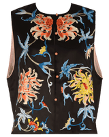 WLIEKAE Womenswear Luxurious Mulberry Silk Vintage Embroidered Vest | Beautiful Flower Pattern | Round Neck