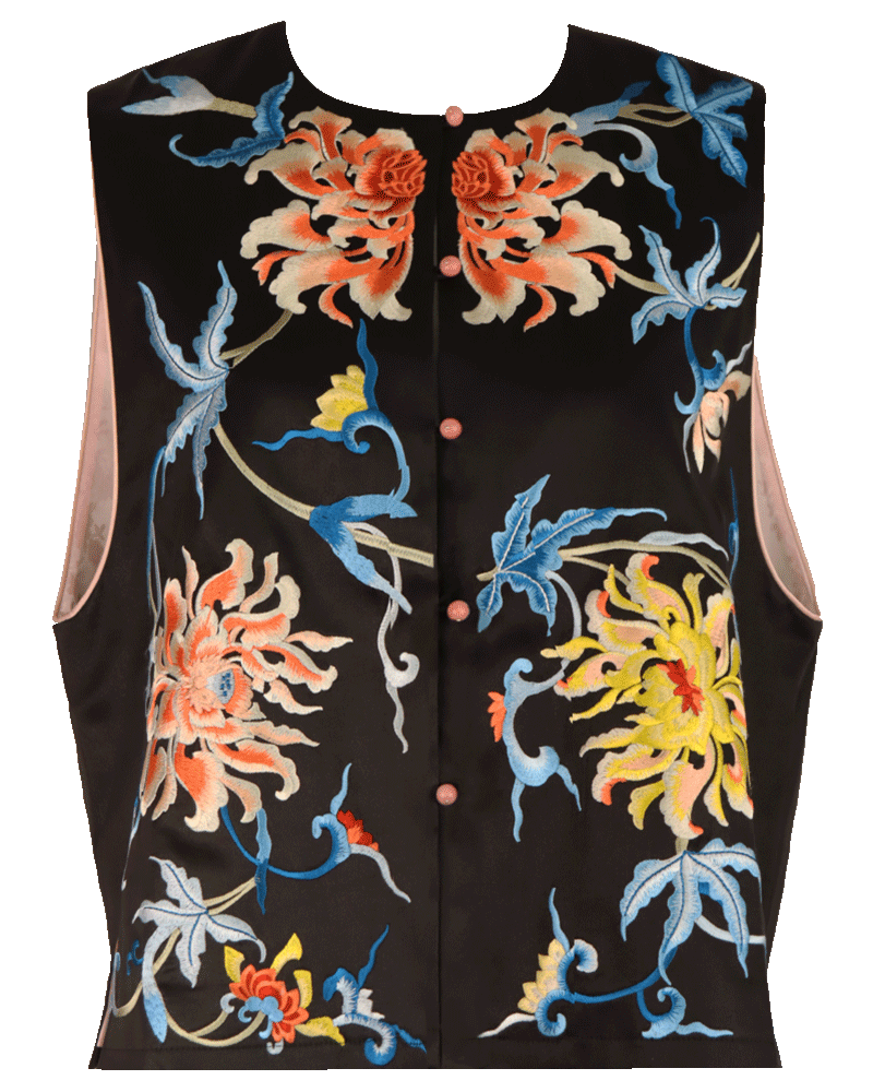 WLIEKAE Womenswear Luxurious Mulberry Silk Vintage Embroidered Vest | Beautiful Flower Pattern | Round Neck