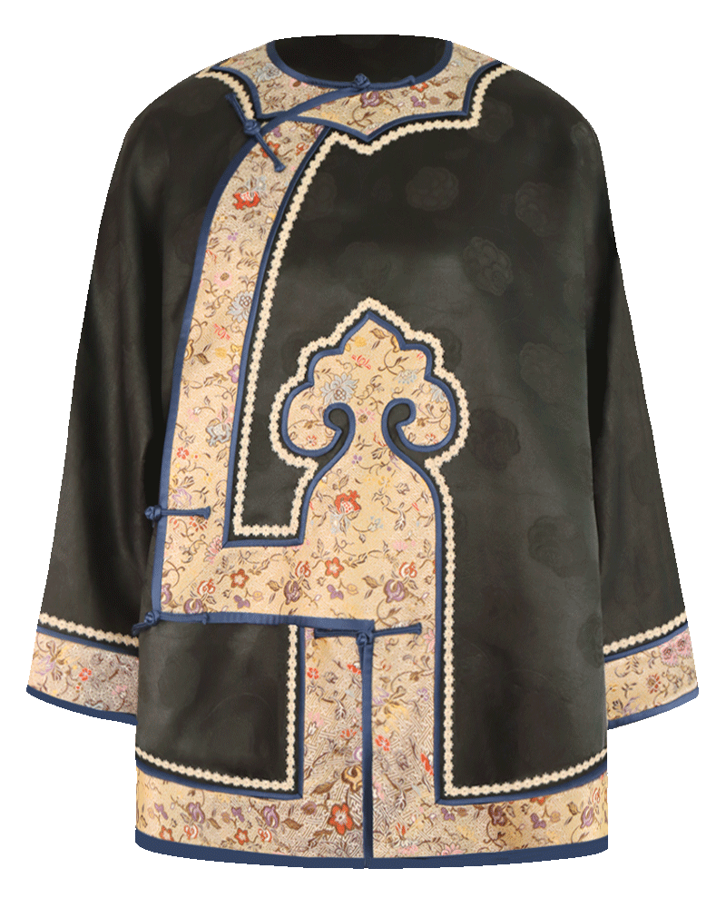 WLIEKAE Spring Womenswear Embroidered Gold Trim Jacket | Jacquard Mulberry Silk Fabric Stand Collar Coat