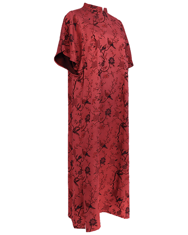 WLIEKAE Womenswear Luxurious Mulberry Silk Midi Dress | Cape-style Sleeve Qi Pao Inspired Dress | Premium Xiangyunsha Fabric