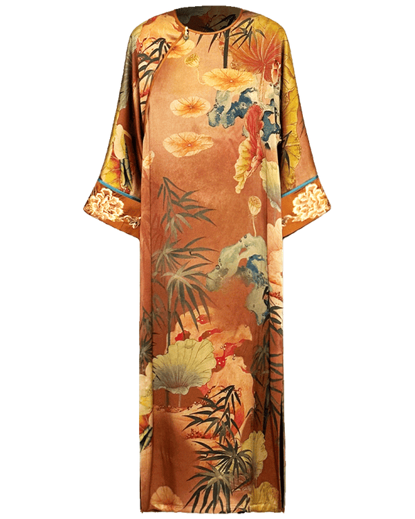 WLIEKAE Womenswear Luxurious Mulberry Silk Embroidery Midi Dress | Qi Pao Inspired Dress