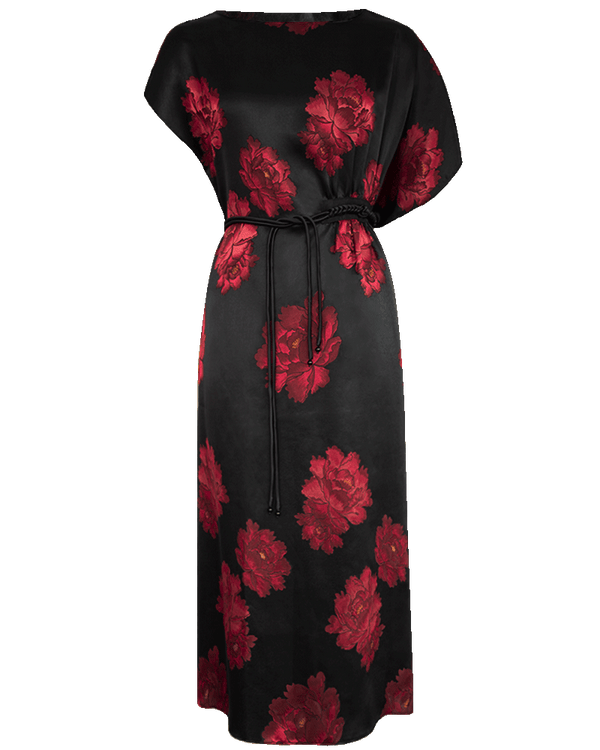 WLIEKAE Womenwear Charmeuse 100 Heavy Silk Maxi Dress | Round Neck Peony Print Dress