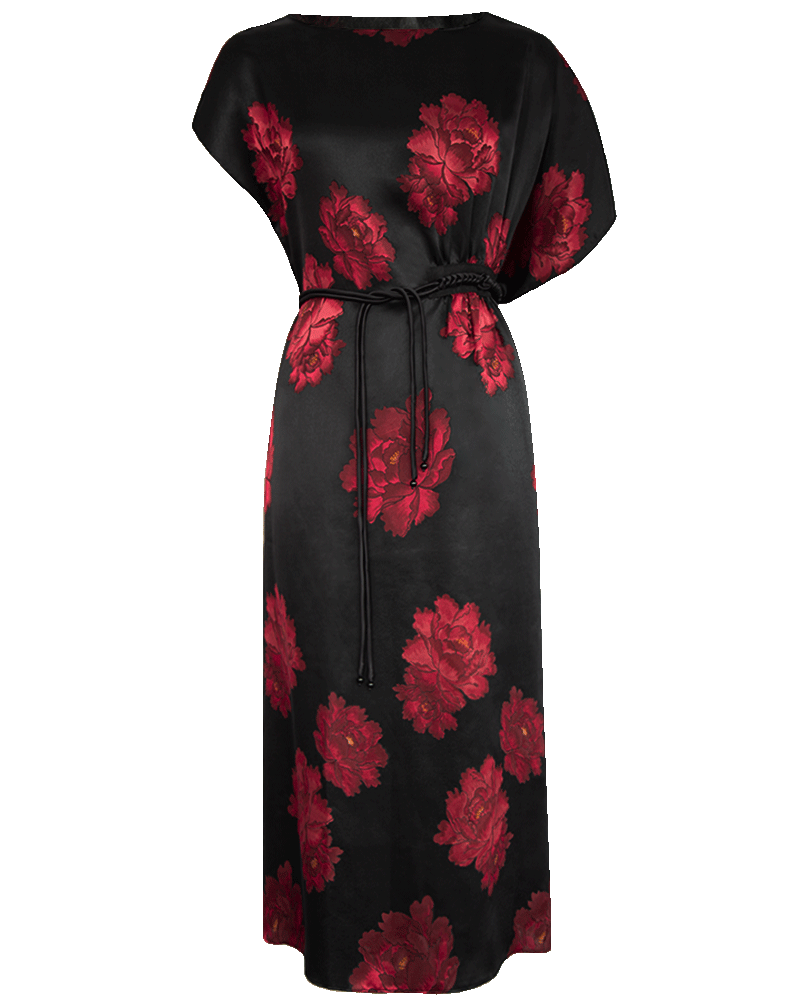 WLIEKAE Womenwear Charmeuse 100 Heavy Silk Maxi Dress | Round Neck Peony Print Dress