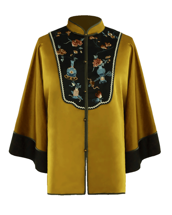 WLIEKAE Womenswear Brown Embroidered Floral Pattern Top | Jacquard Stand Collar Mulberry Silk Jacket