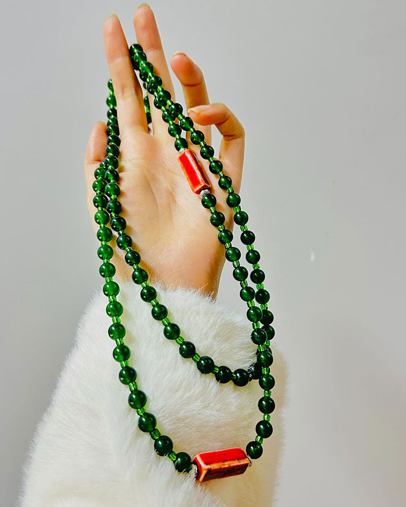 Red Agate Natural Stone Necklace | Beaded Green Agate | Light Luxury Sweater Chain