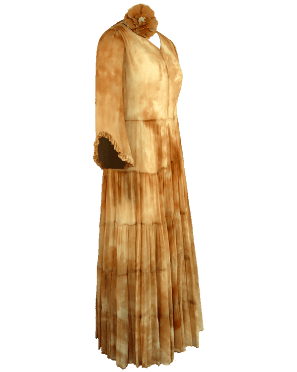 WLIEKAE Womenswear Tie Dye Dress | Soft Elegant Yellow Maxi Dress With Flower Tape | A-line Maxi Dress