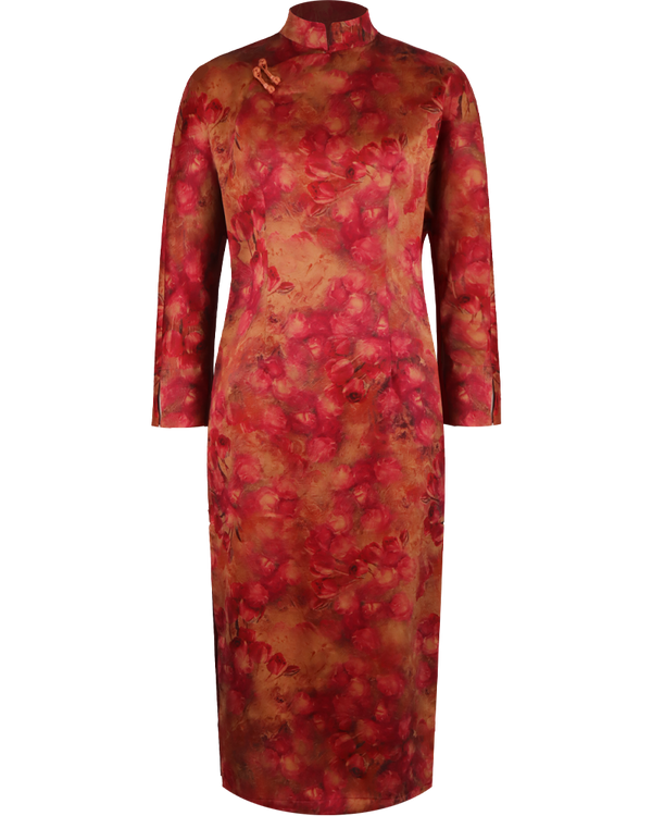 WLIEKAE Womenswear Rose Pattern Dress | Chinese Traditional Fashion Dress | Round Neck A-line Qi Pao Inspired Dress