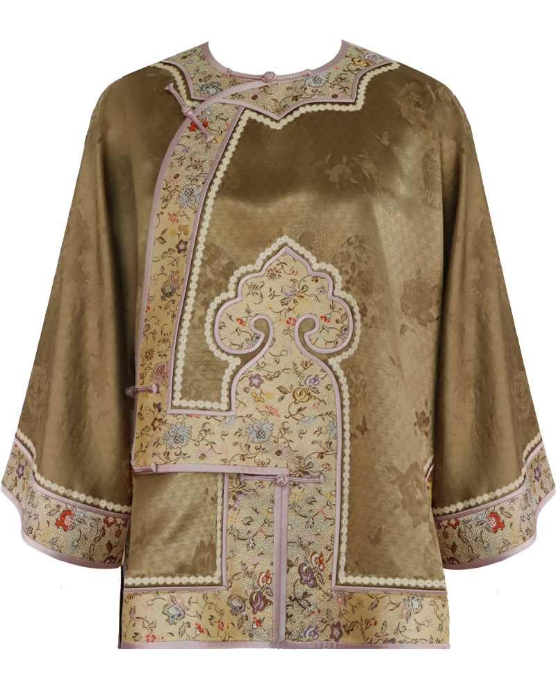 WLIEKAE Spring Womenswear Embroidered Gold Trim Jacket | Jacquard Mulberry Silk Fabric Stand Collar Coat