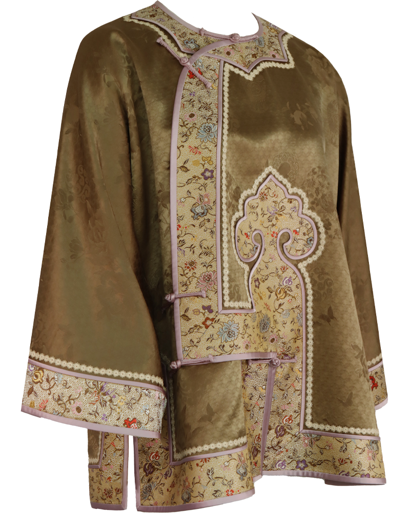 WLIEKAE Spring Womenswear Embroidered Gold Trim Jacket | Jacquard Mulberry Silk Fabric Stand Collar Coat