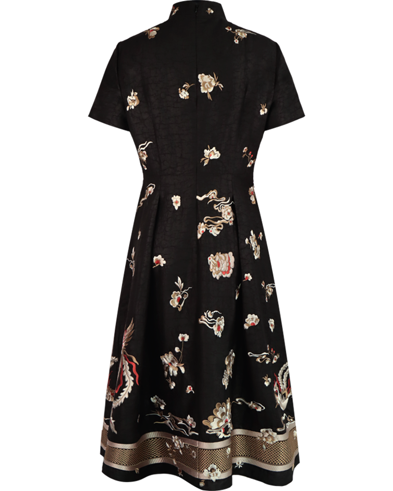 WLIEKAE Womenswear Elegant Luxurious Mulberry Silk Black Midi Dress With Floral Pattern | A-line Round-neck Maxi Dress