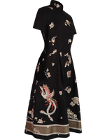 WLIEKAE Womenswear Elegant Luxurious Mulberry Silk Black Midi Dress With Floral Pattern | A-line Round-neck Maxi Dress