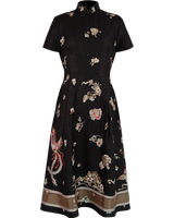 WLIEKAE Womenswear Elegant Luxurious Mulberry Silk Black Midi Dress With Floral Pattern | A-line Round-neck Maxi Dress