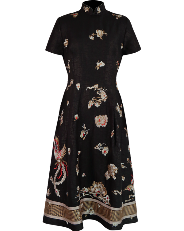 WLIEKAE Womenswear Elegant Luxurious Mulberry Silk Black Midi Dress With Floral Pattern | A-line Round-neck Maxi Dress