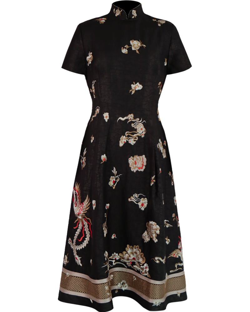 WLIEKAE Womenswear Elegant Luxurious Mulberry Silk Black Midi Dress With Floral Pattern | A-line Round-neck Maxi Dress